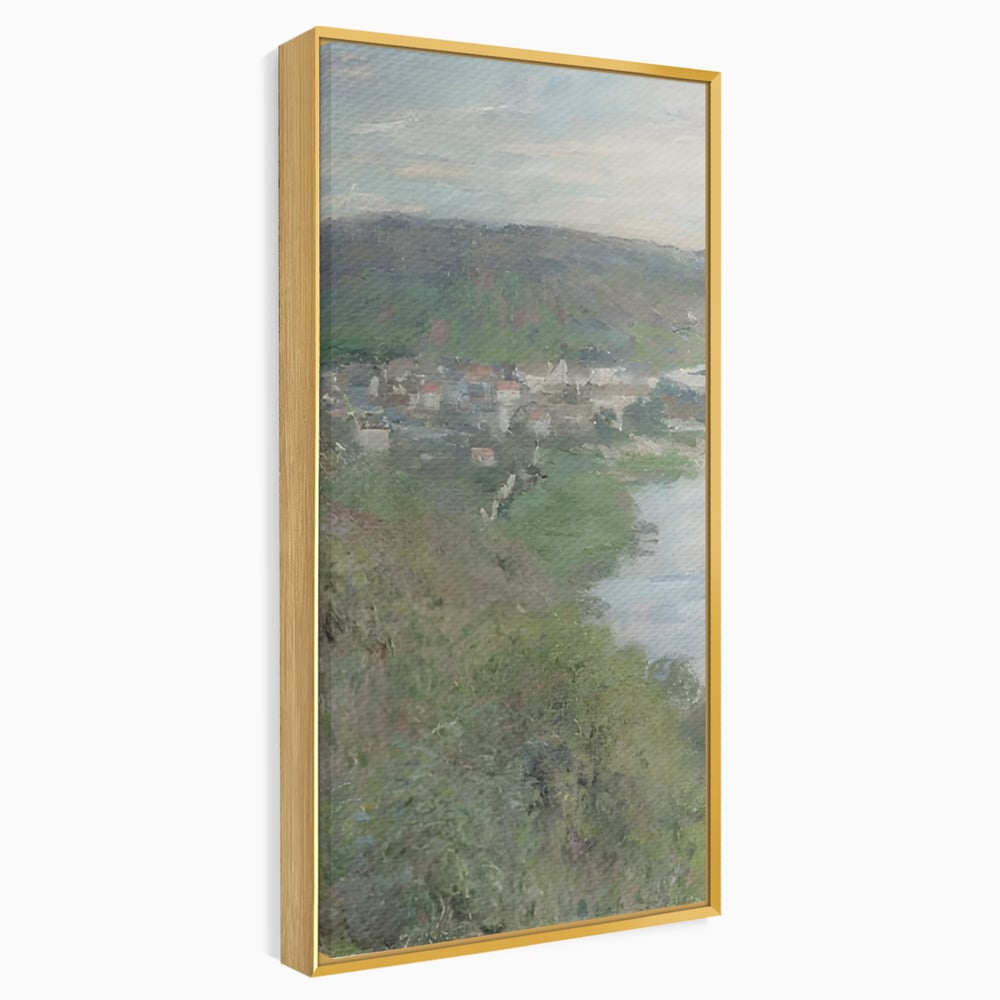Tablou canvas cu tablou canvas cu peisaj rural si rau, in rama de aluminiu auriu